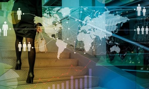 Woman climbing stairs with briefcase in hand with background image of world map